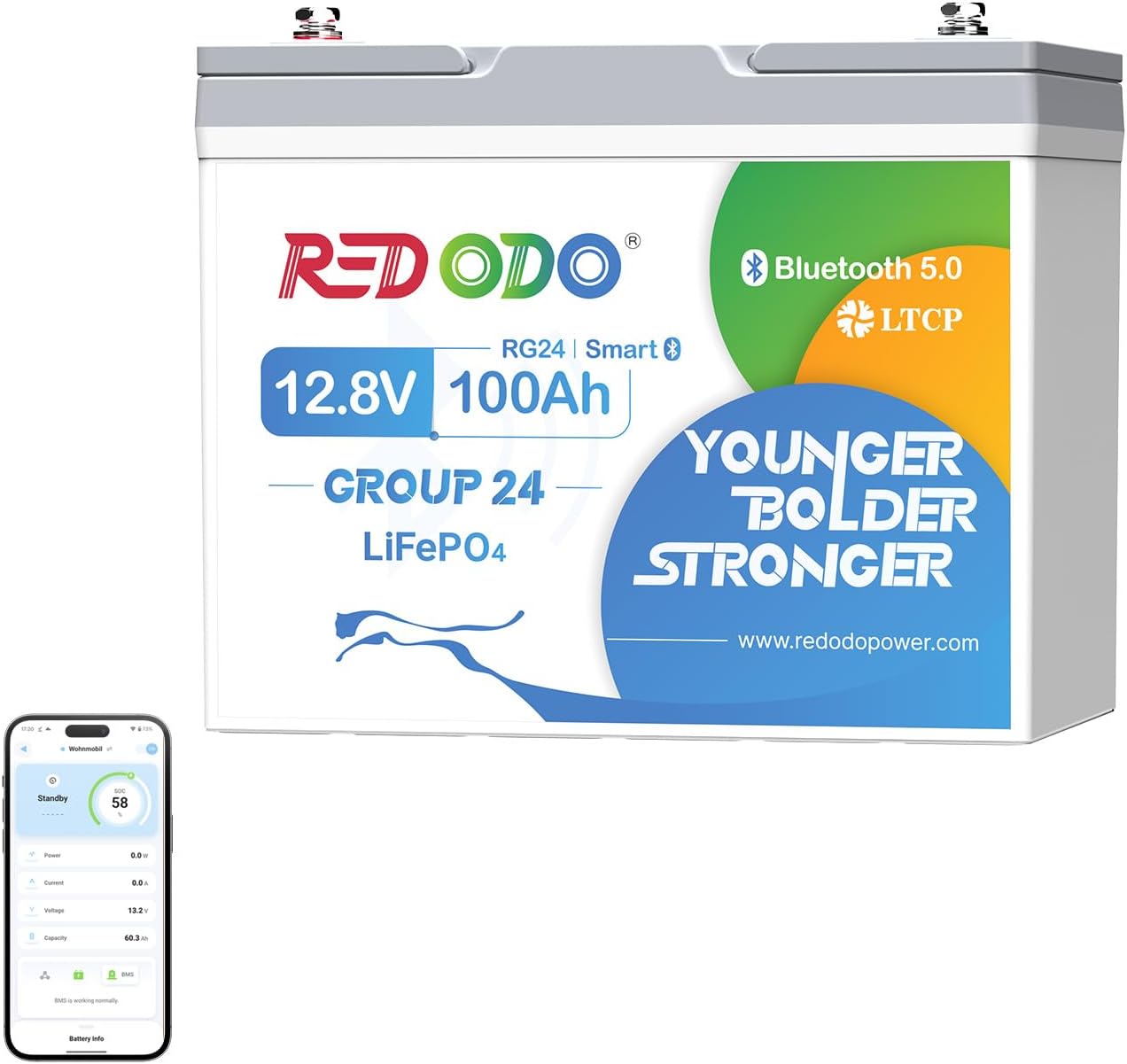 Redodo 12V 100Ah Group24 Bluetooth Batterie LiFePO4