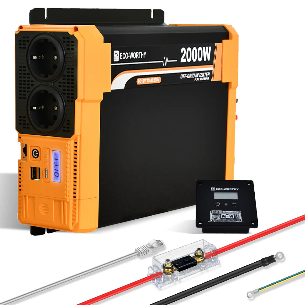 Onduleur Pur Sinus ECO-WORTHY 12V à 230V – 1100W / 2000W | Pour systèmes solaires hors réseau, véhicules, maisons isolées