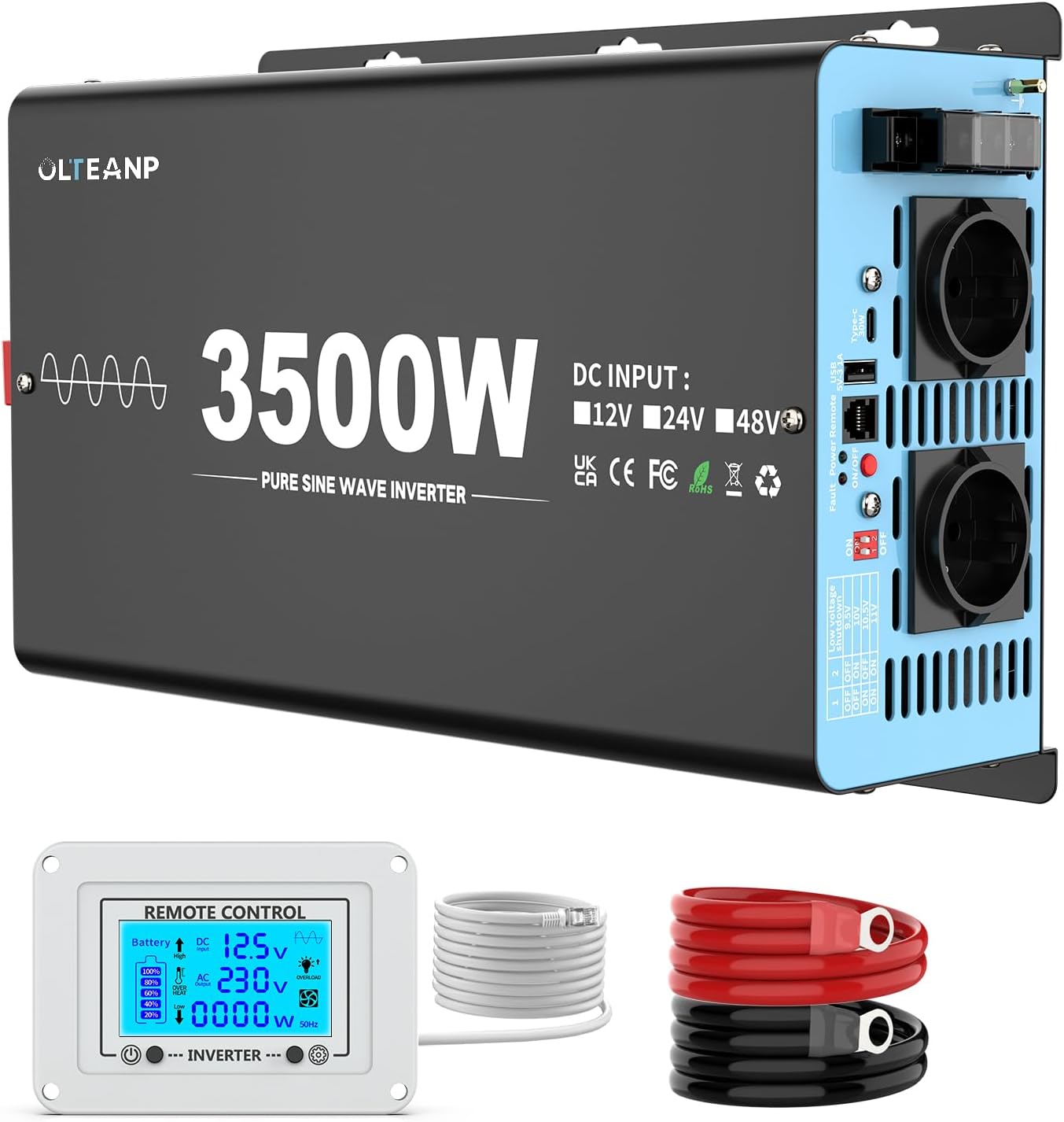 OLTEANP Onduleur 3500W/7000W Convertisseur De Tension 12v à 230v Onde Sinusoïdale Pure Onduleur De Voiture Avec 2 Prises Ac, Ports Type-C Et Usb, Télécommande à Écran Lcd, Pour Camping-Cars Caravanes.