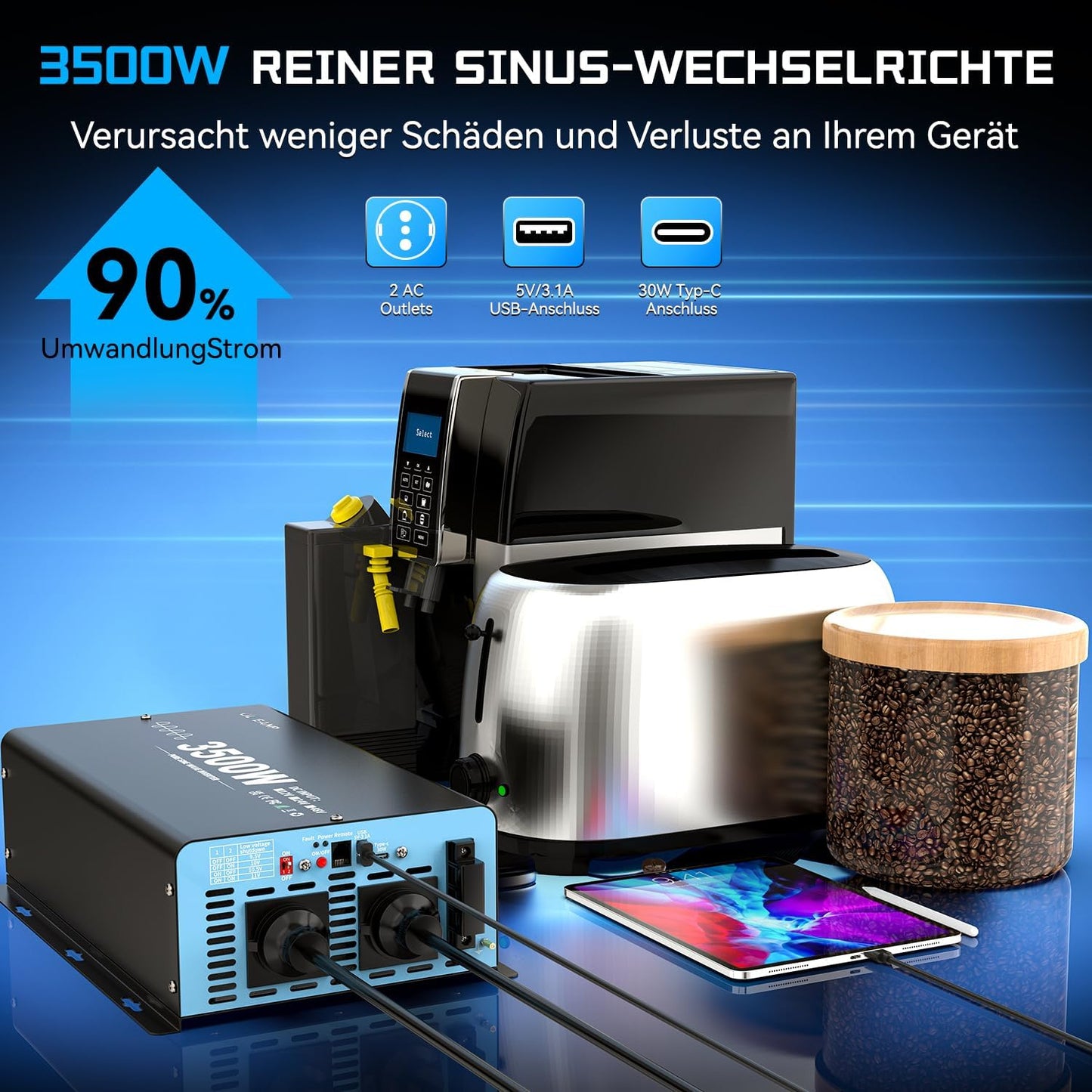 OLTEANP Onduleur 3500W/7000W Convertisseur De Tension 12v à 230v Onde Sinusoïdale Pure Onduleur De Voiture Avec 2 Prises Ac, Ports Type-C Et Usb, Télécommande à Écran Lcd, Pour Camping-Cars Caravanes.