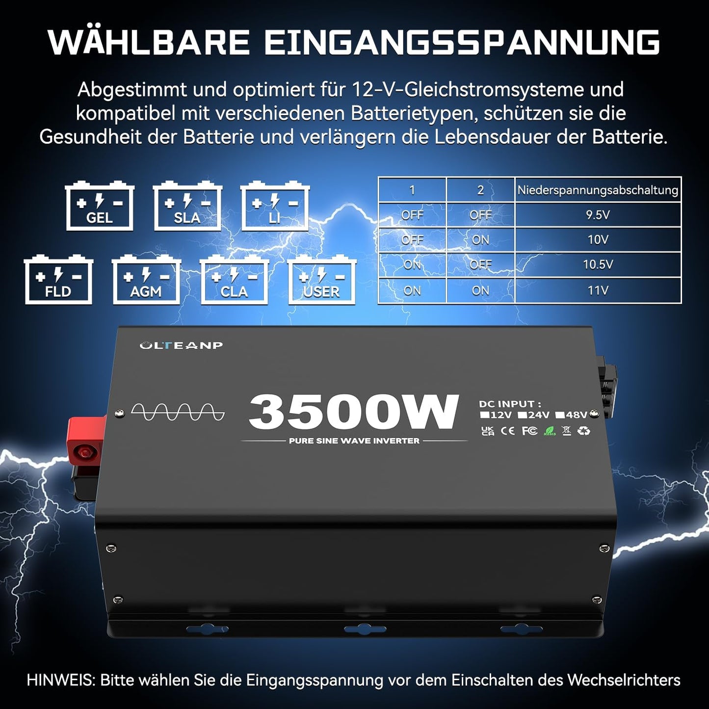 OLTEANP Onduleur 3500W/7000W Convertisseur De Tension 12v à 230v Onde Sinusoïdale Pure Onduleur De Voiture Avec 2 Prises Ac, Ports Type-C Et Usb, Télécommande à Écran Lcd, Pour Camping-Cars Caravanes.