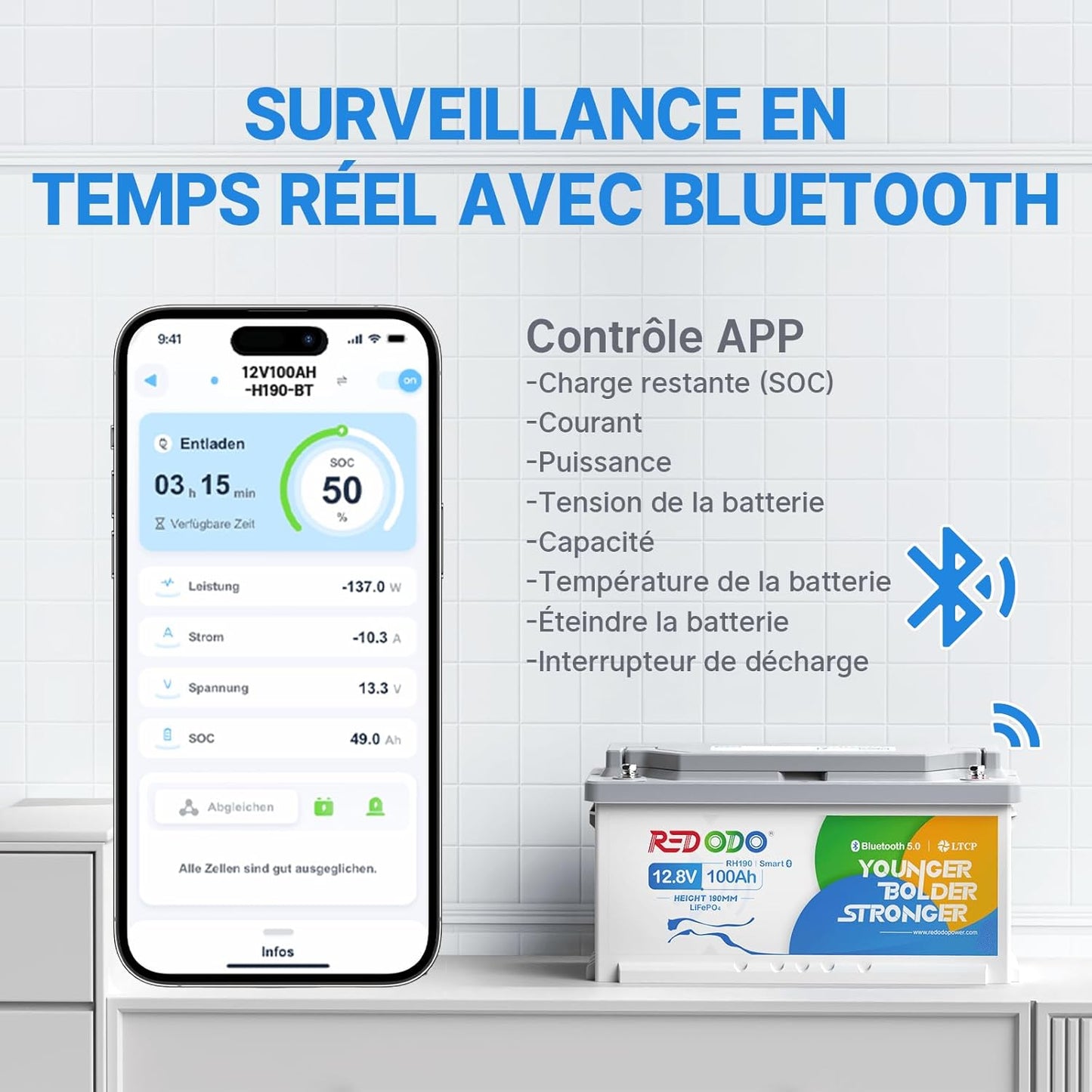 Redodo Batterie LiFePO4 12V 100Ah H190 avec Bluetooth