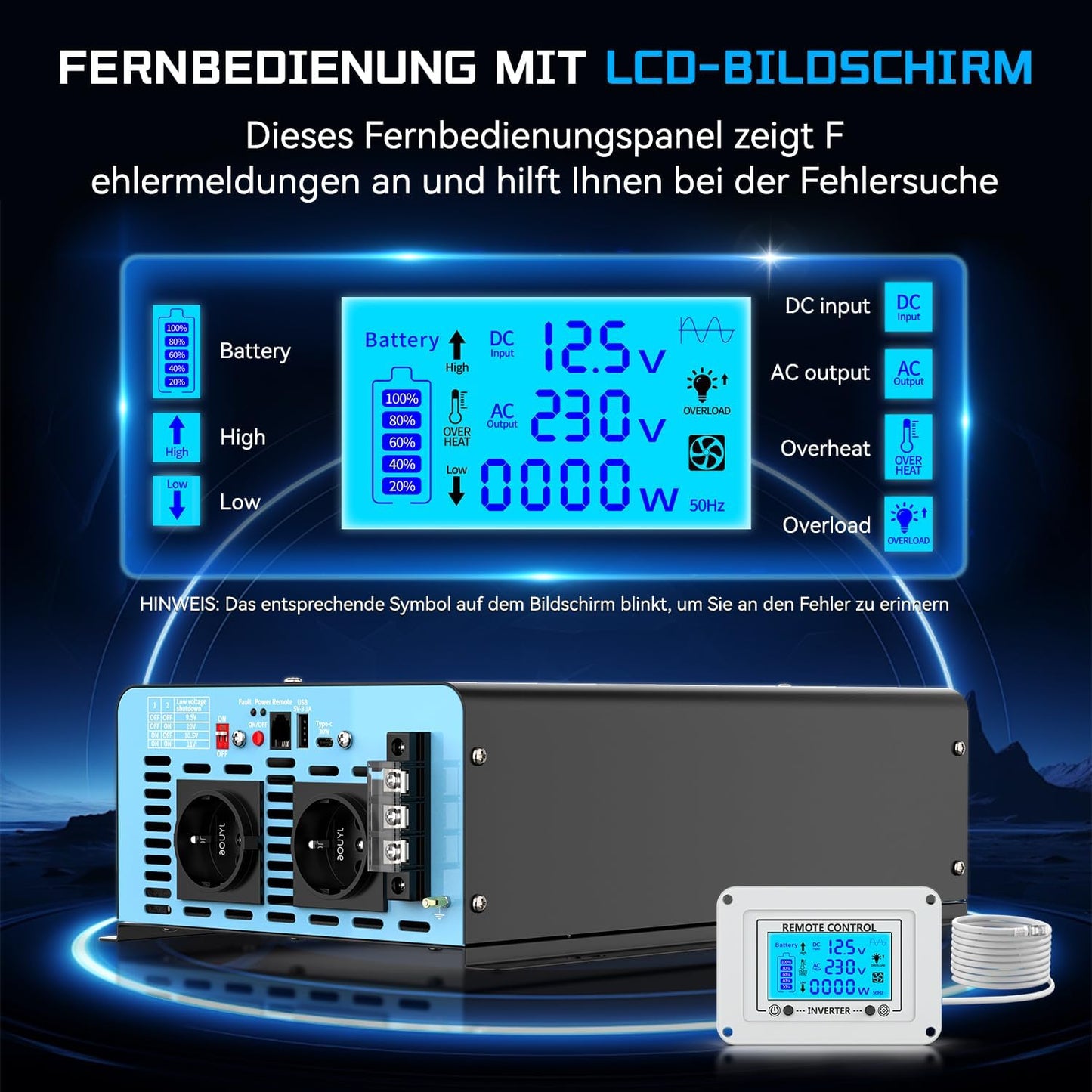 OLTEANP Onduleur 3500W/7000W Convertisseur De Tension 12v à 230v Onde Sinusoïdale Pure Onduleur De Voiture Avec 2 Prises Ac, Ports Type-C Et Usb, Télécommande à Écran Lcd, Pour Camping-Cars Caravanes.
